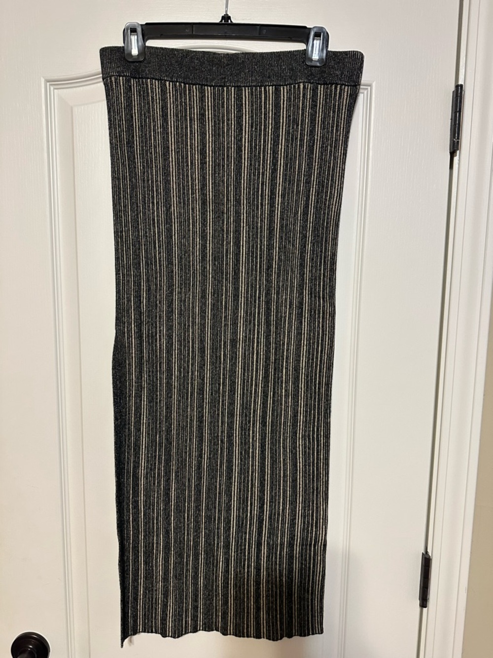Misa Los Angeles Black and Metallic Gold Ribbed Knit Maxi Skirt